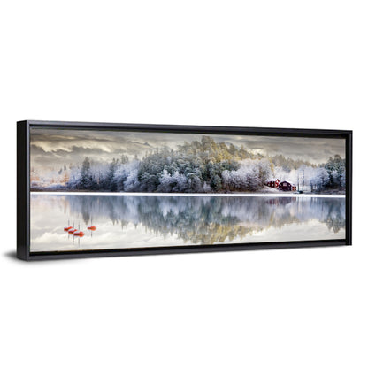 Red Cottage by a Frozen Lake Wall Art