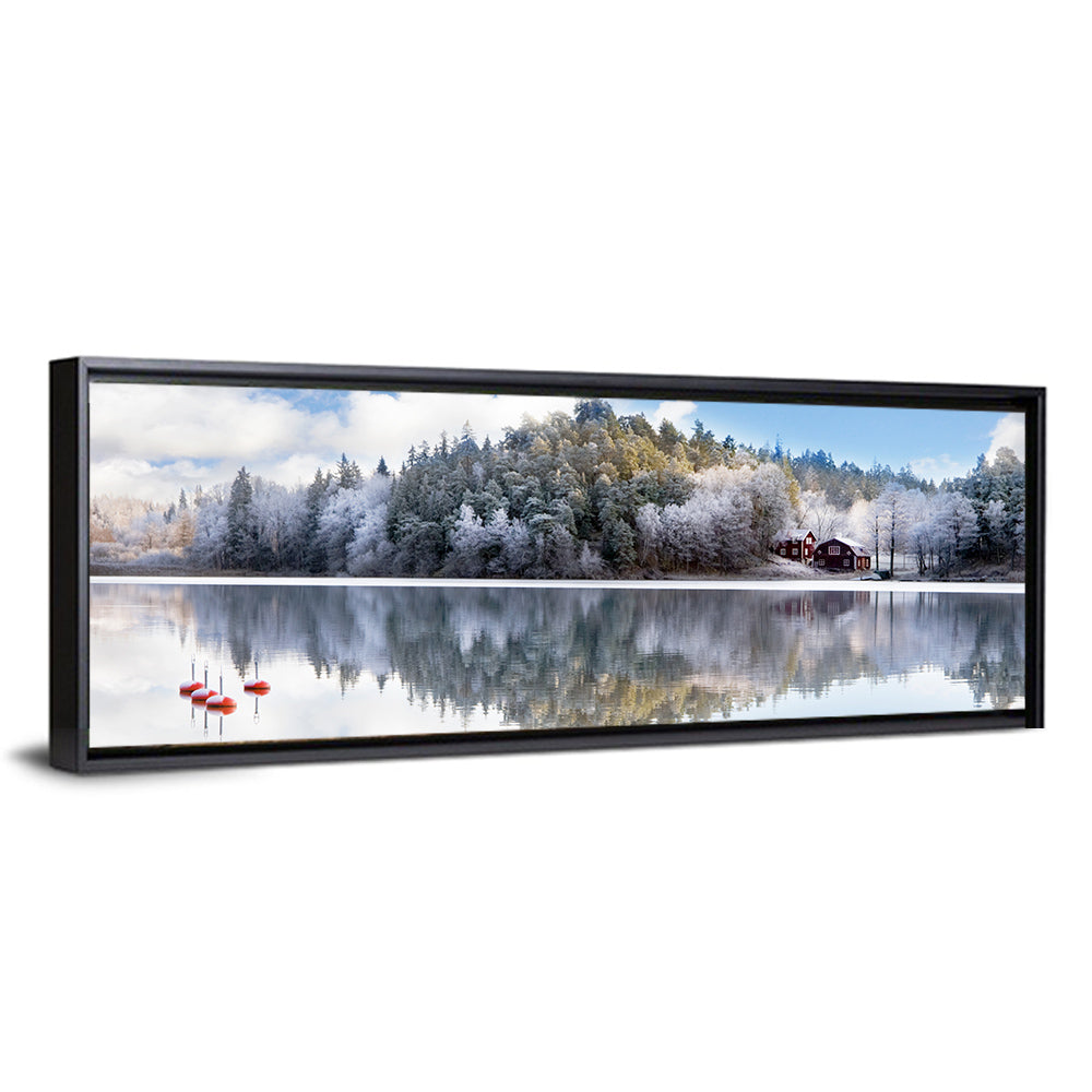 Red Cottages on Winter Lake Wall Art