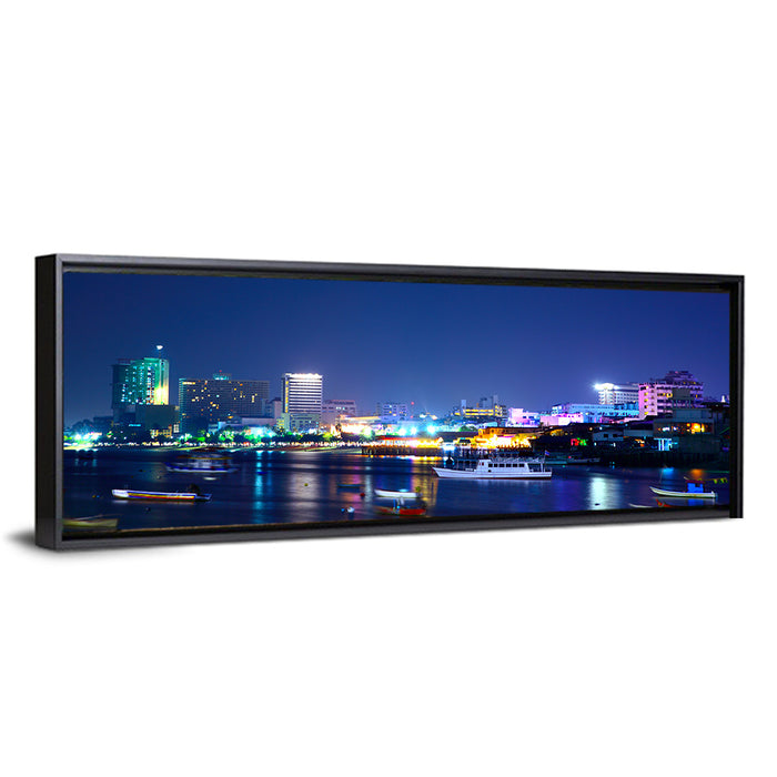 Pattaya Bay Night Skyline Wall Art as a framed canvas