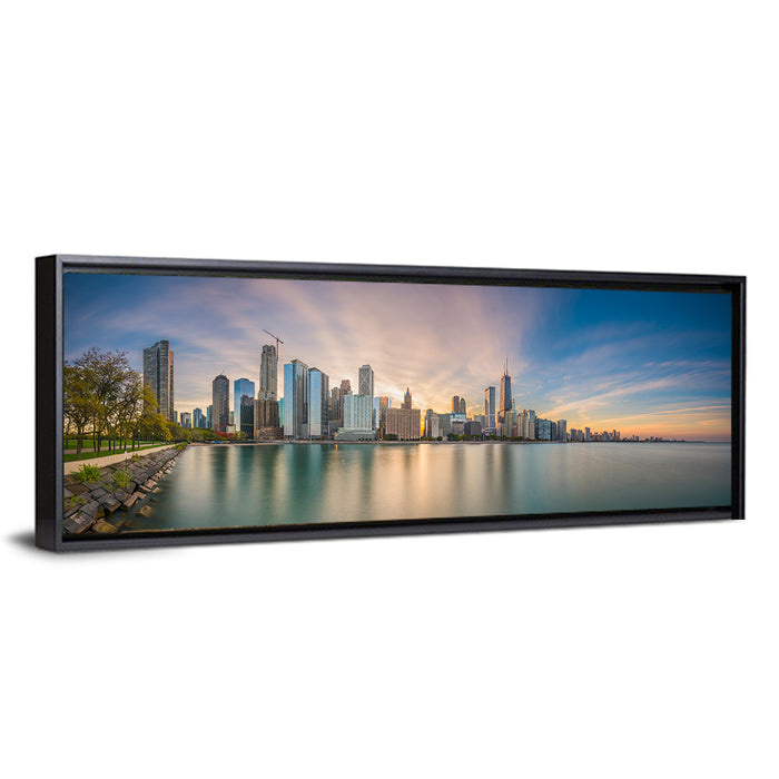 Chicago Skyline at Golden Hour Wall Art as a framed canvas