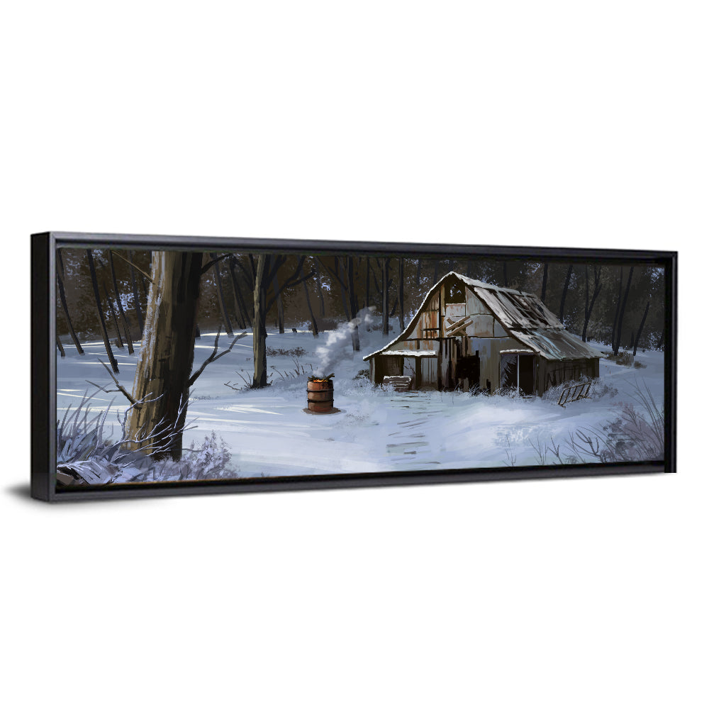 Snowy Barn in Winter Forest Wall Art