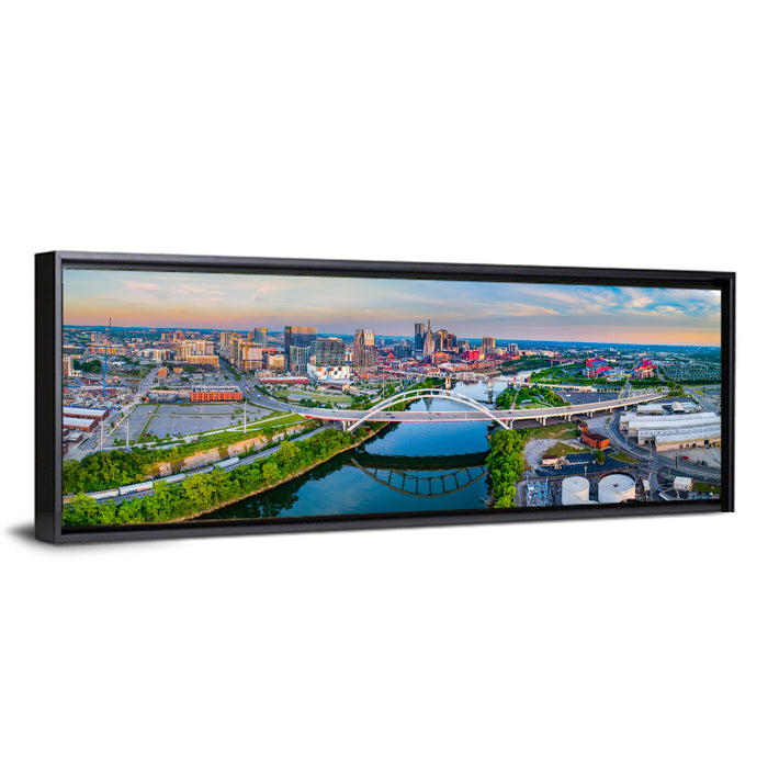 Nashville Skyline at Golden Hour Wall Art as a framed canvas