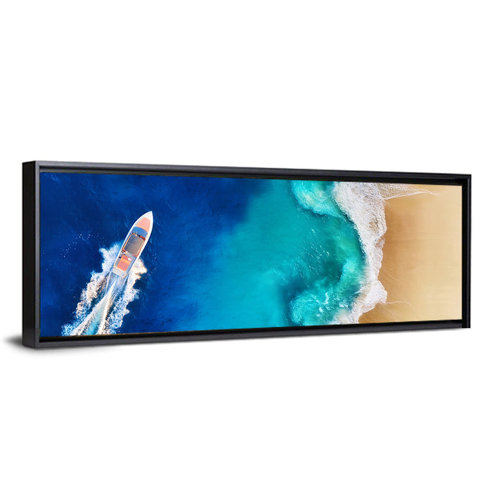 Speed Boat Over Turquoise Beach Wall Art as a framed canvas