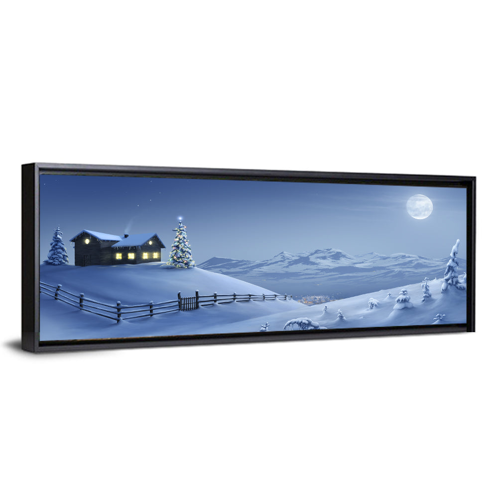 Snowy Mountain Cabin at Night Wall Art