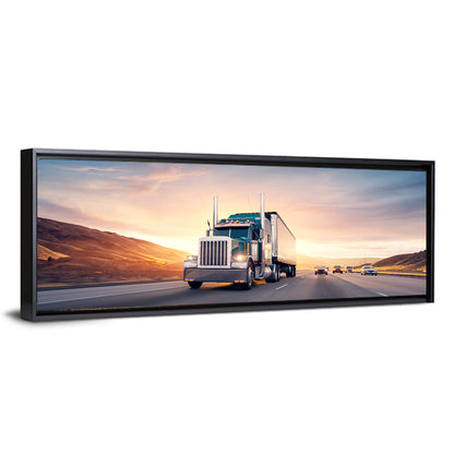 Semi Truck Highway Sunset Wall Art