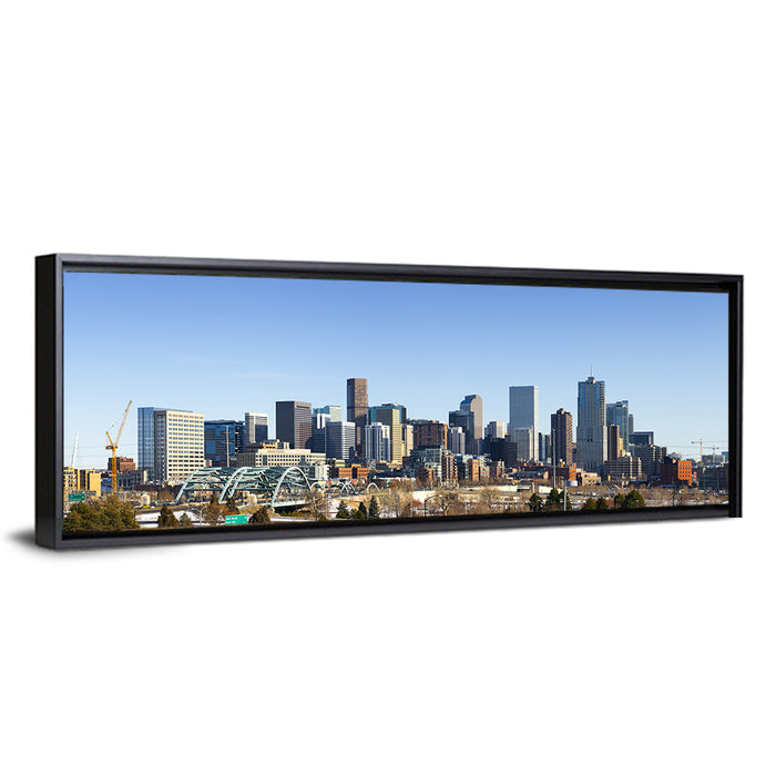 Denver Skyline with Speer Boulevard Bridge Wall Art as a framed canvas