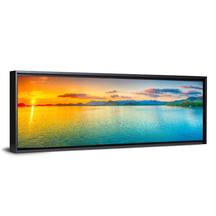 Golden Lake Sunrise Wall Art as a framed canvas