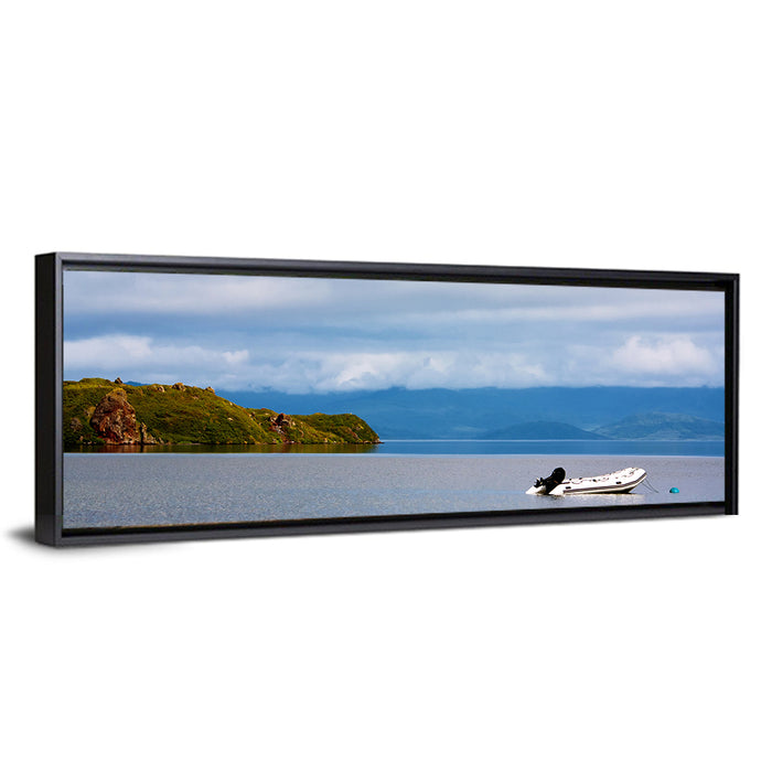 Kronotskое Lake with Boat Wall Art as a framed canvas