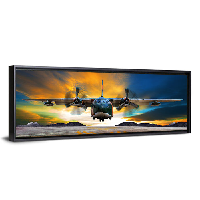 Cargo Plane Landing at Sunset Wall Art as a framed canvas