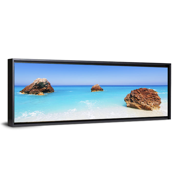 Lefkada Three Rocks Seascape Wall Art as a framed canvas