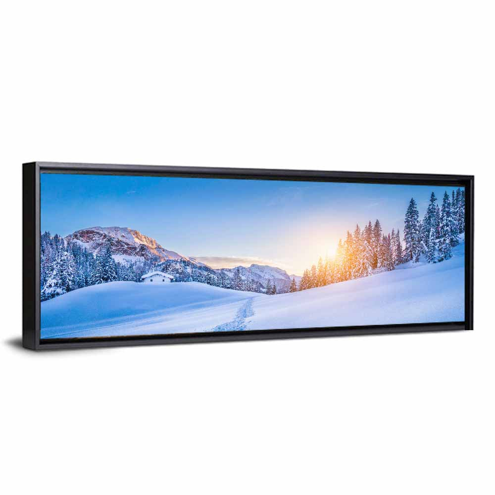Snowy Mountain Chalet Sunset Wall Art