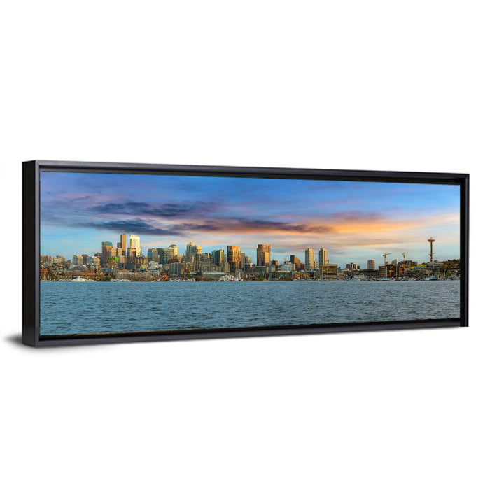 Seattle Skyline at Dusk Wall Art as a framed canvas