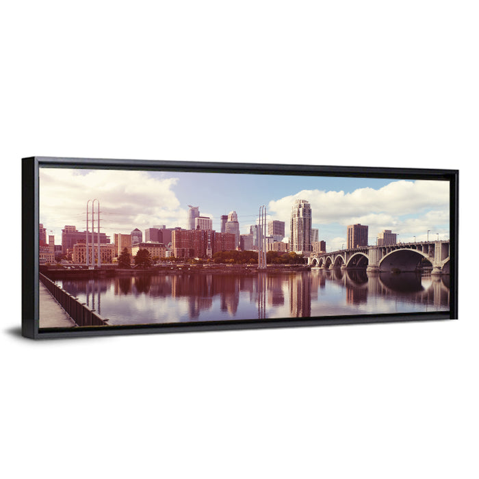 Minneapolis Skyline at Third Avenue Bridge Wall Art as a framed canvas