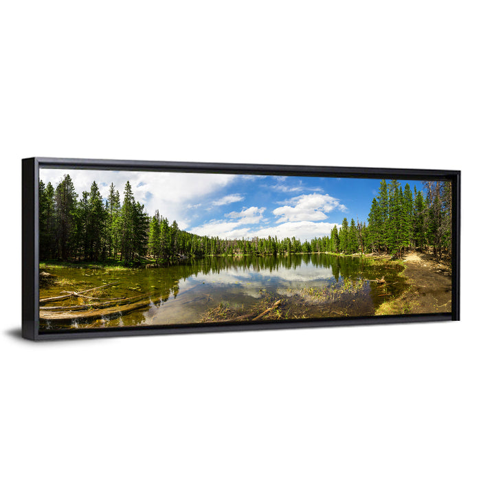 Estes Park Pine Lake Reflection Wall Art as a framed canvas