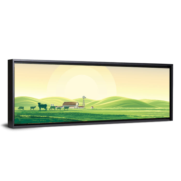 Pastoral Farm Landscape Illustration Wall Art as a framed canvas