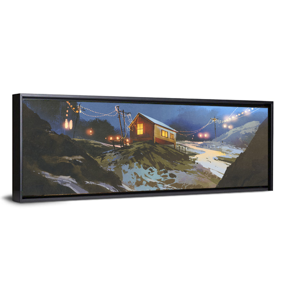 Wooden Cabin in Snowy Mountains Wall Art