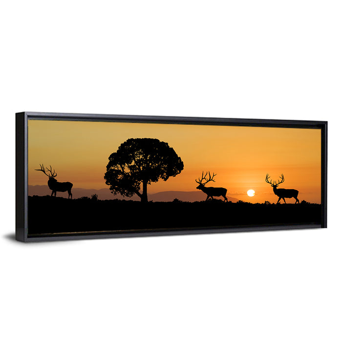 Bull Elk Sunset Silhouette Wall Art as a framed canvas