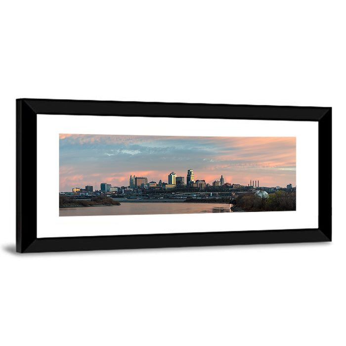 Kansas City Sunset Skyline Wall Art as a framed print