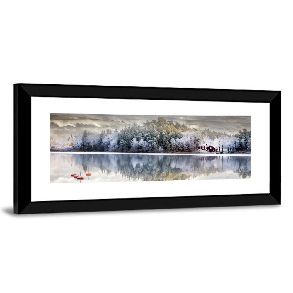 Red Cottage by a Frozen Lake Wall Art