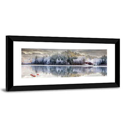 Red Cottage by a Frozen Lake Wall Art