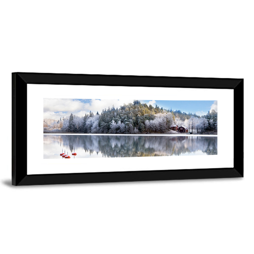 Red Cottages on Winter Lake Wall Art