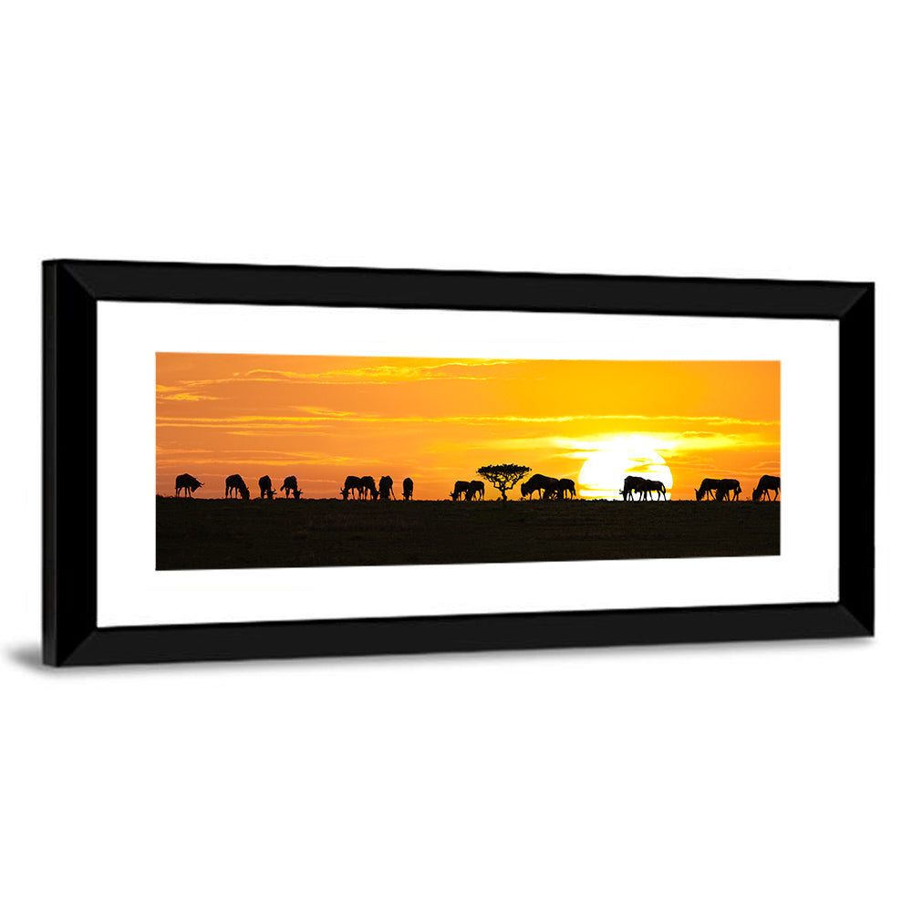 Wildebeest Silhouettes at Sunset Wall Art