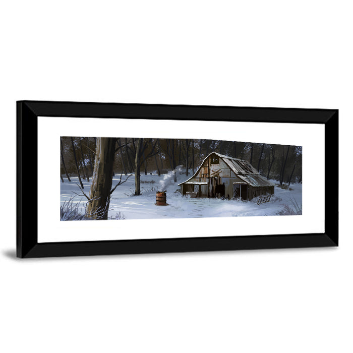 Snowy Barn in Winter Forest Wall Art as a framed print