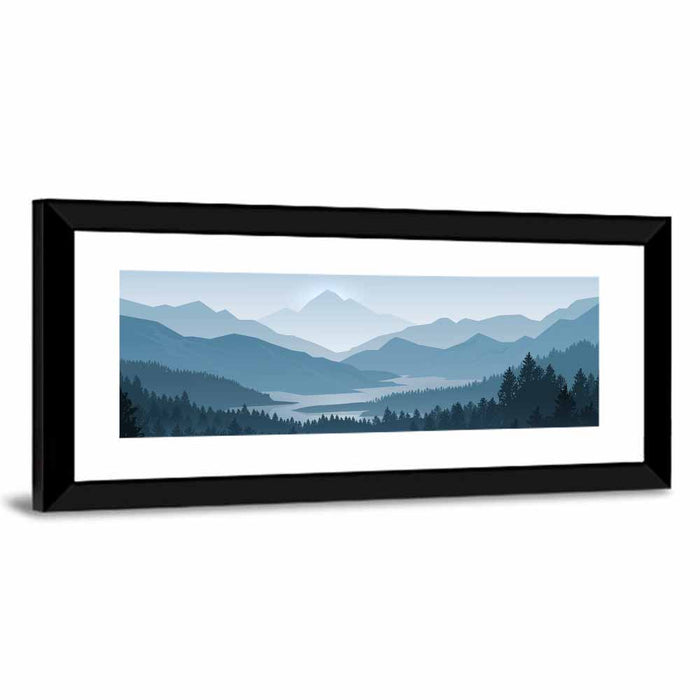 Misty Mountain Lake Silhouette Wall Art as a framed print
