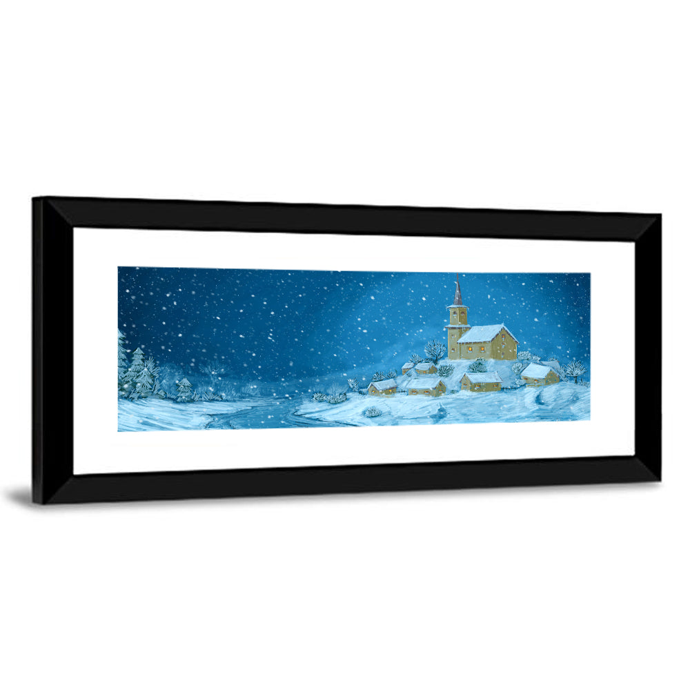 Snowy Village Church at Night Wall Art