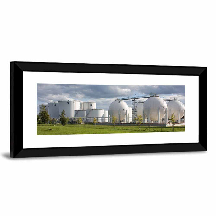 Numbered Industrial Storage Tanks Wall Art as a framed print