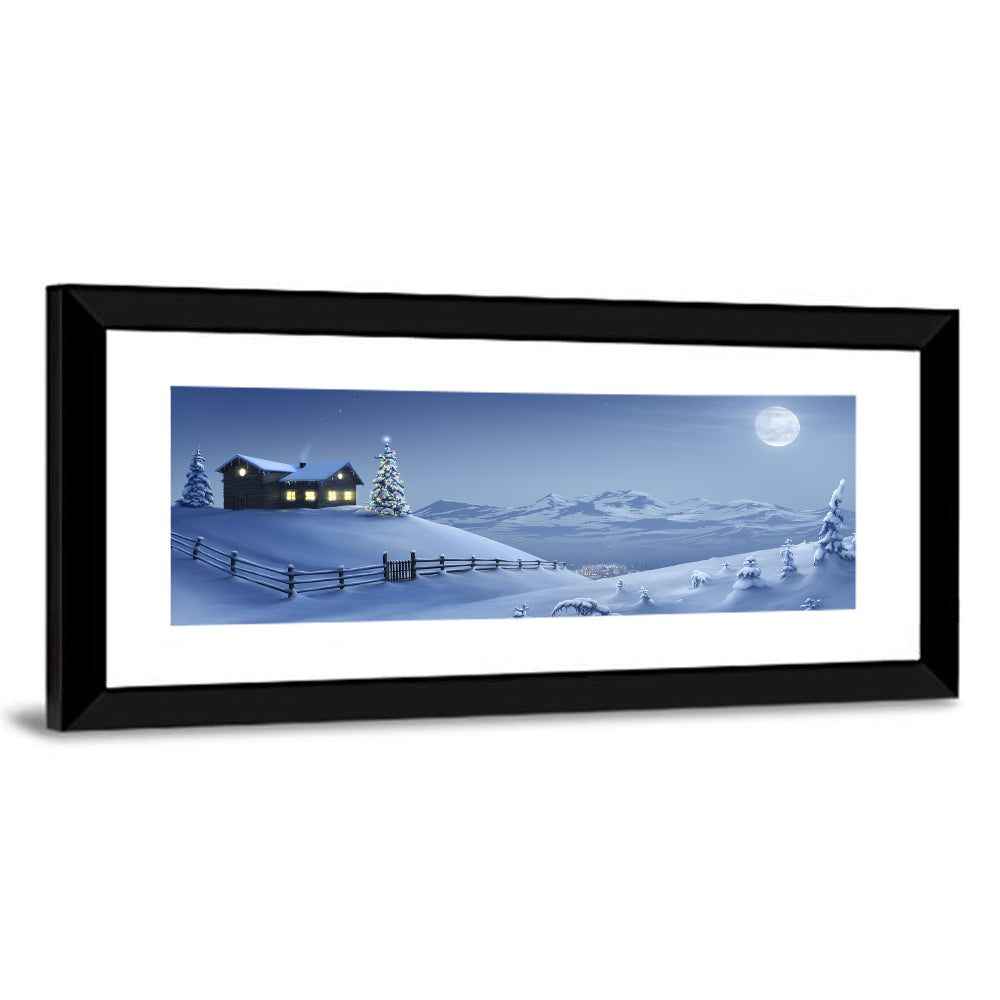 Snowy Mountain Cabin at Night Wall Art