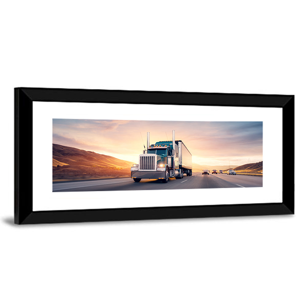 Semi Truck Highway Sunset Wall Art