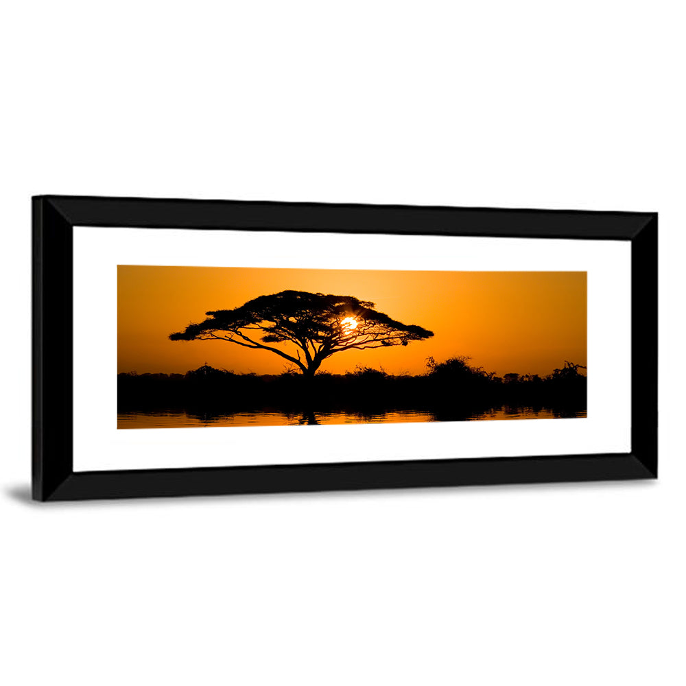 Acacia Tree at Sunrise Wall Art, framed print, panoramic