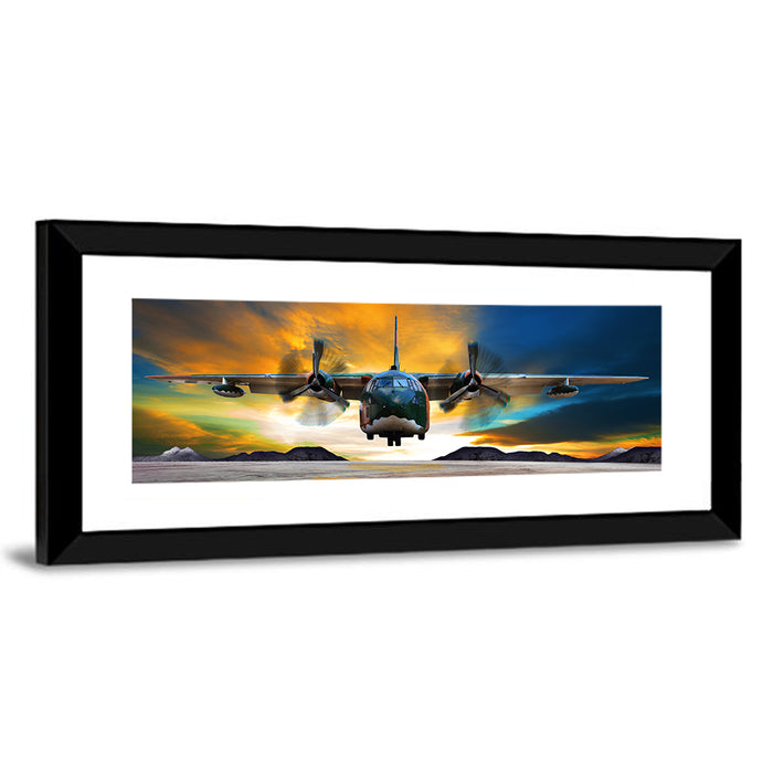 Cargo Plane Landing at Sunset Wall Art as a framed print