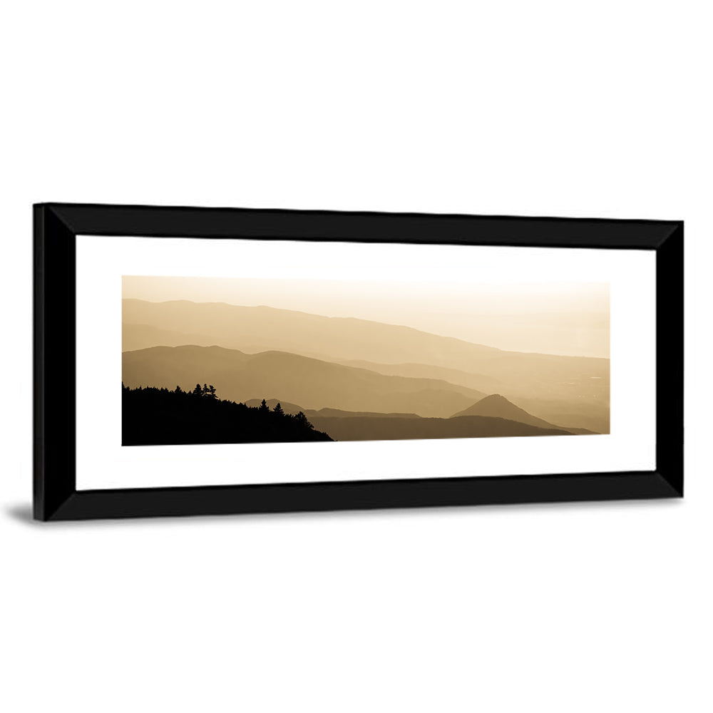 Foggy Mountain Sunset with Evergreen Silhouettes Wall Art