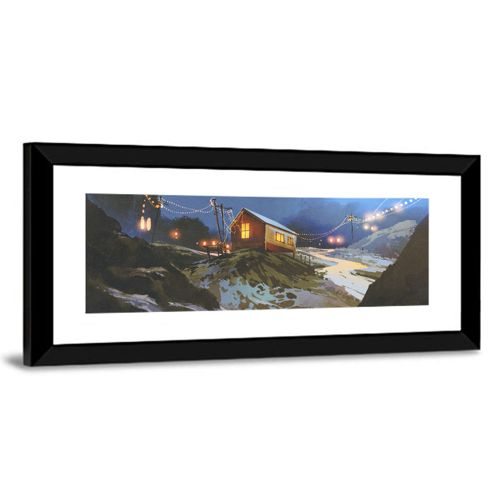 Mountains Wooden House Illustration Wall Art