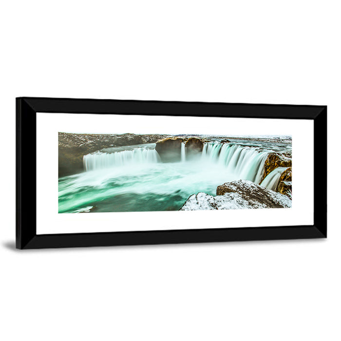 Goðafoss Winter Waterfall Wall Art as a framed print