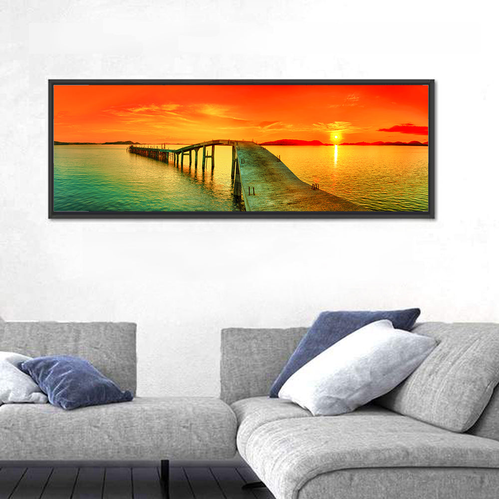 Sea Pier Sunset Wall Art in a room, panoramic
