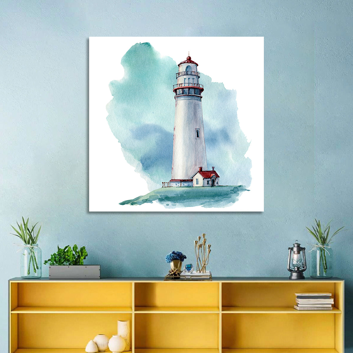Red Roof Lighthouse Watercolor Wall Art in a room, square