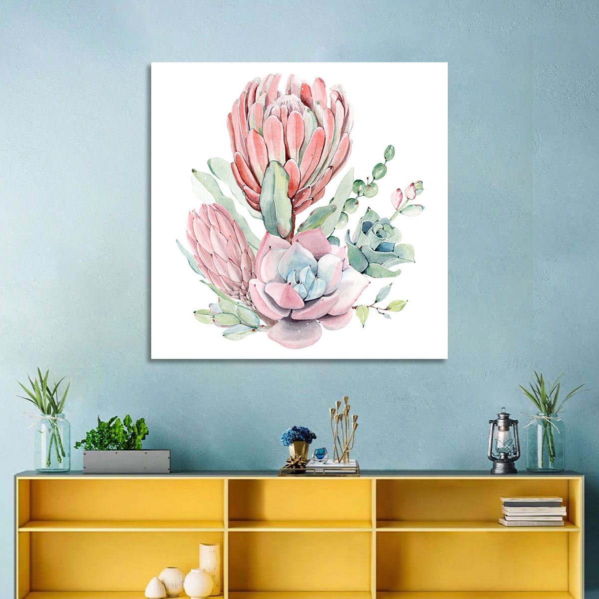 Pink Protea Succulent Bouquet Wall Art in a room, square