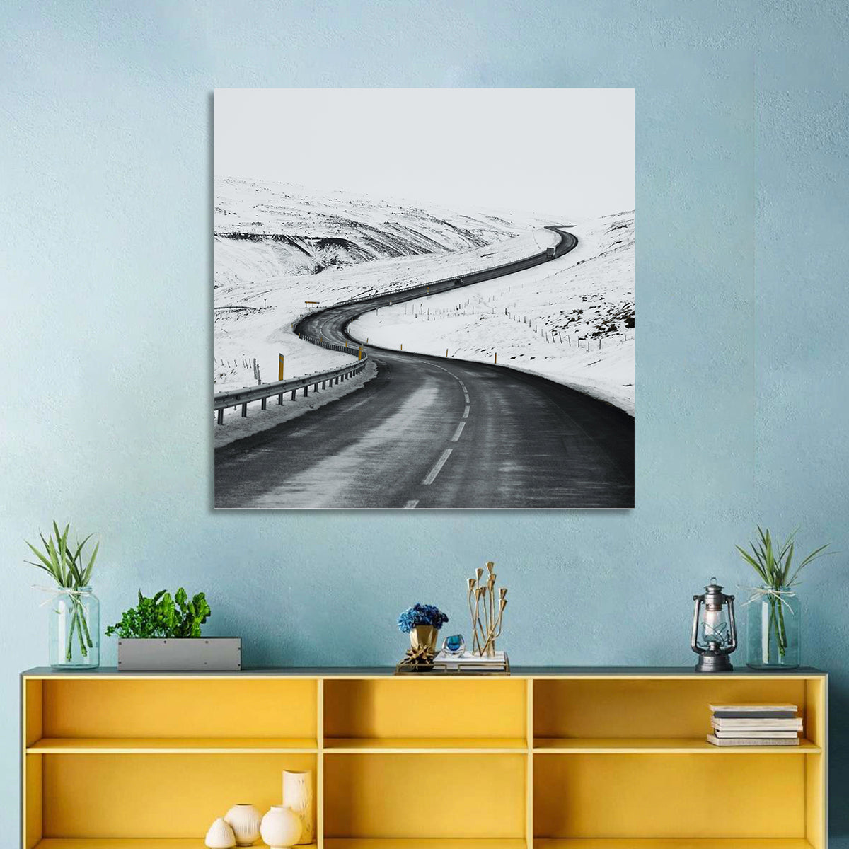 Winding Snow Road with Yellow Markers Wall Art