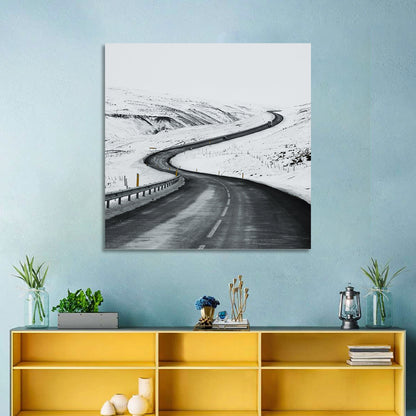 Winding Snow Road with Yellow Markers Wall Art