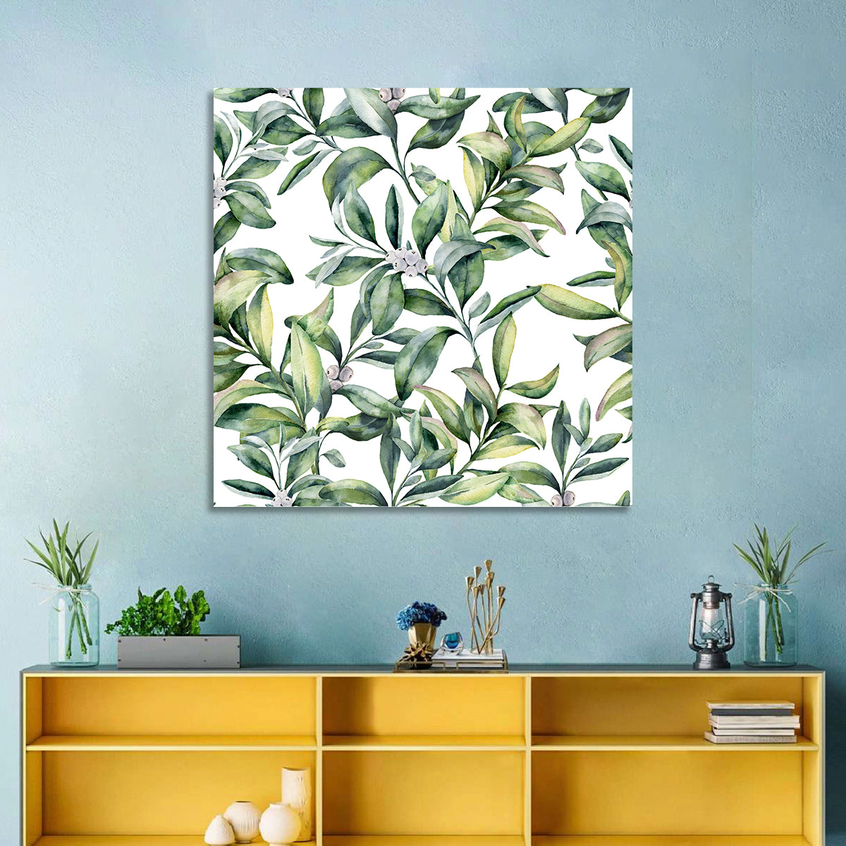 Snowberry Leaves Pattern Wall Art in a room, square