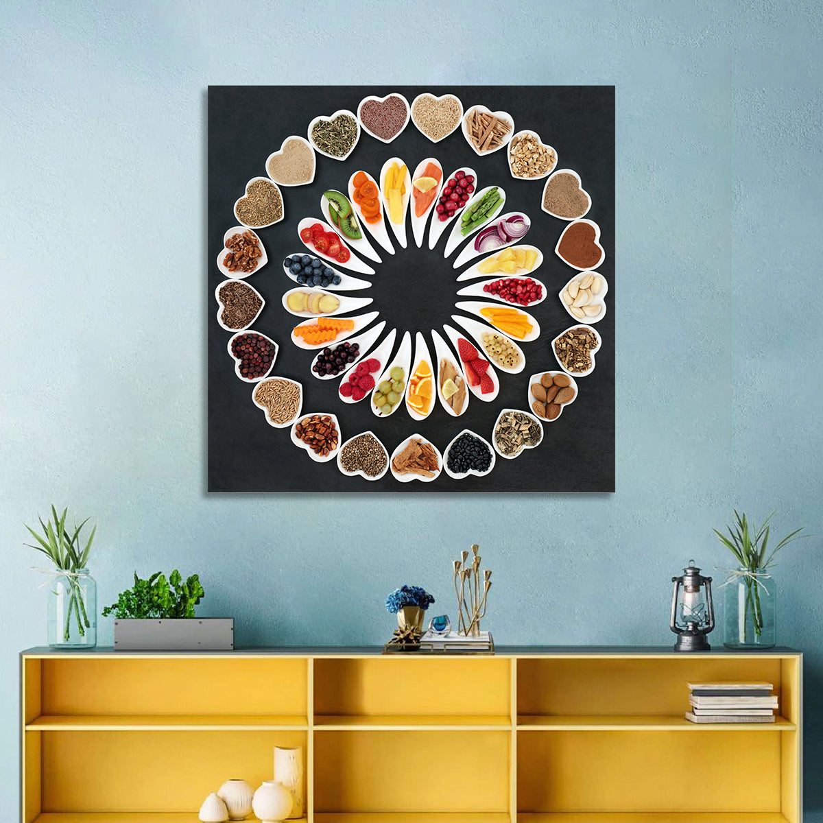 Circular Heart Bowls of Fresh Ingredients Wall Art in a room, square