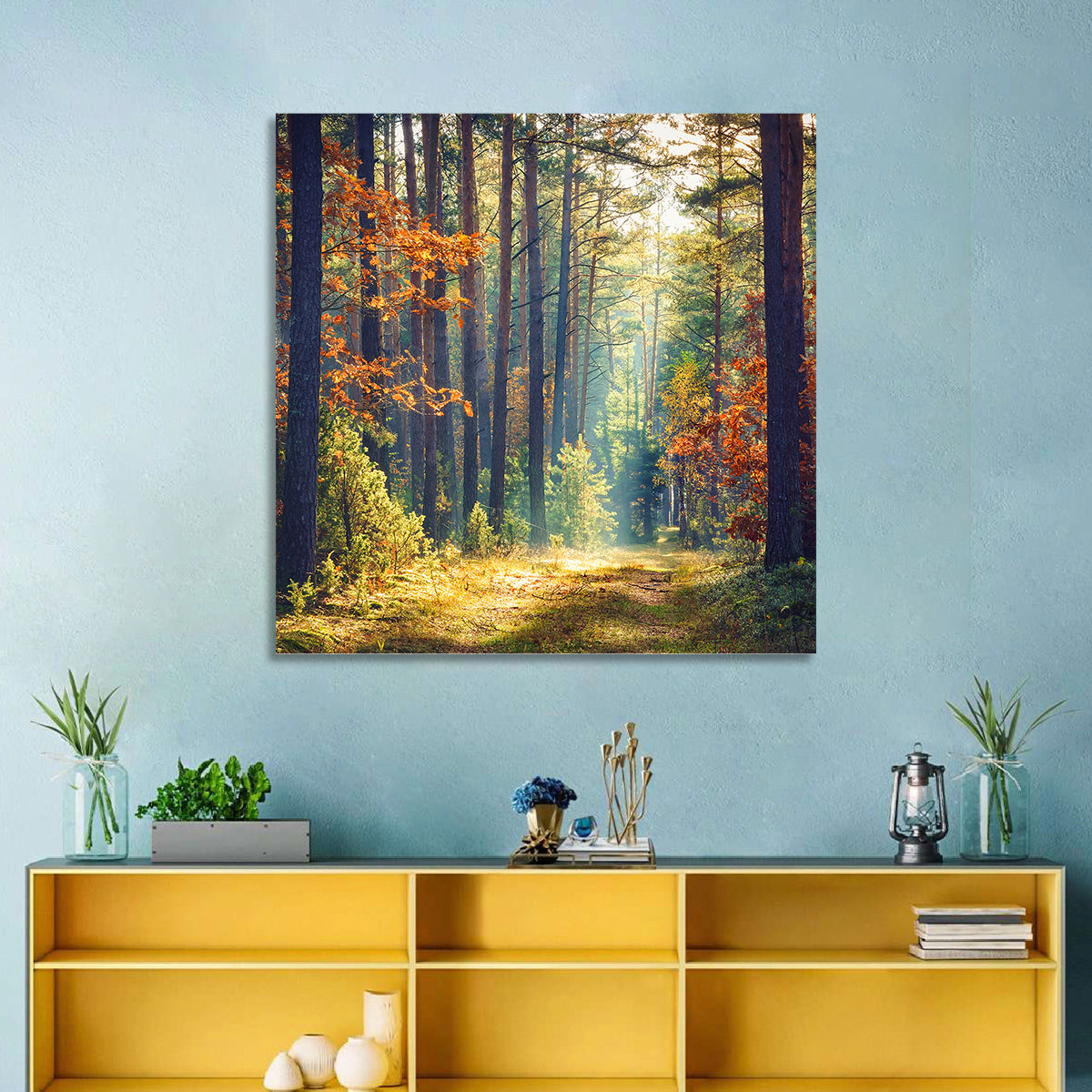 Sunlit Autumn Pine Forest Wall Art