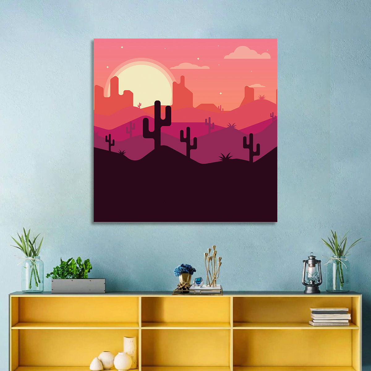 Desert Sunset with Saguaro Silhouettes Wall Art in a room, square