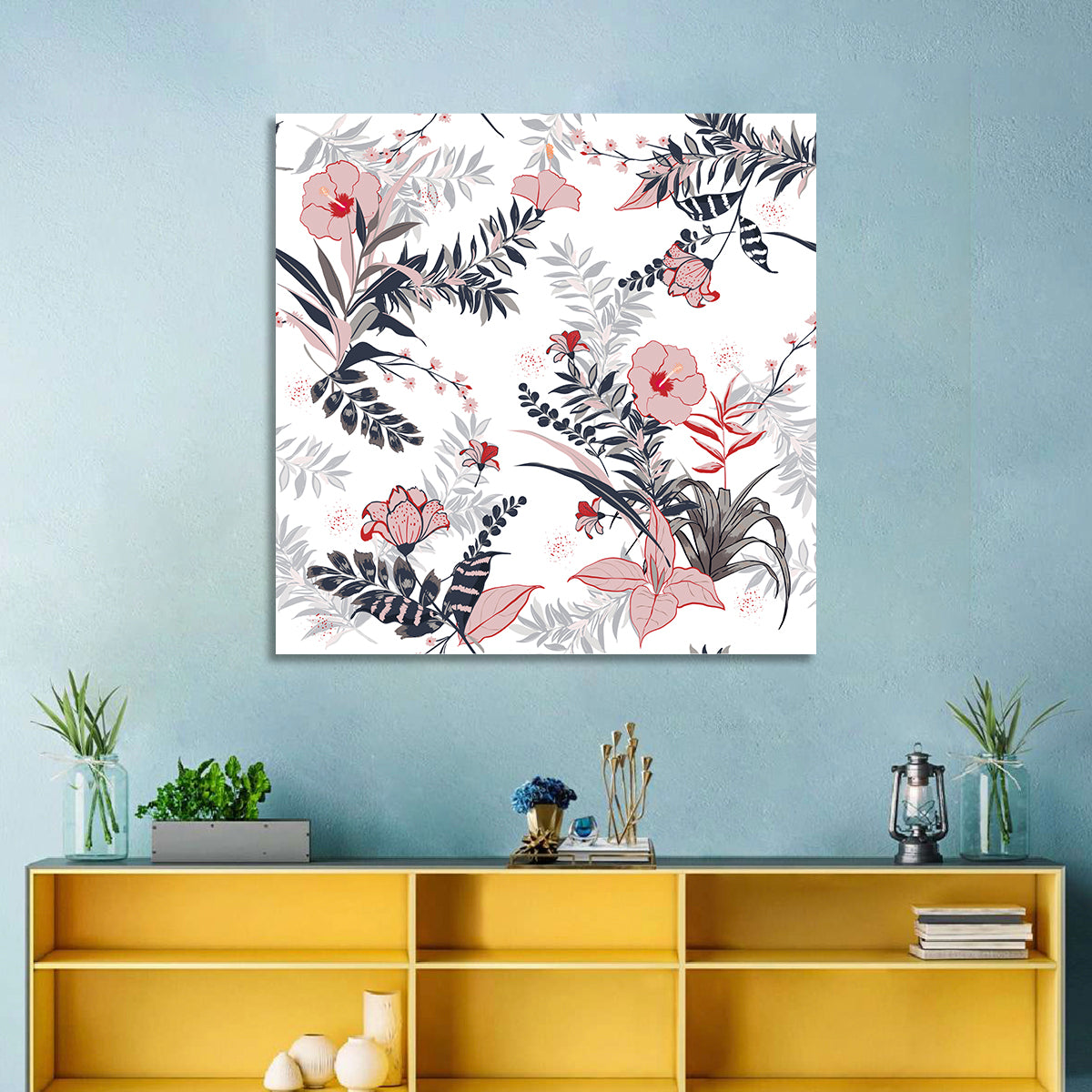 Tropical Hibiscus Pattern Wall Art in a room, square