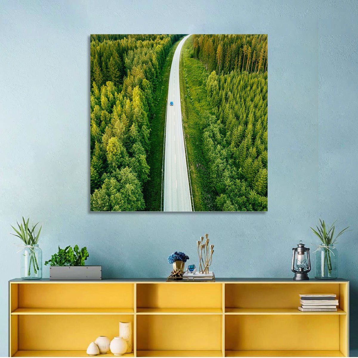 Blue Car on Forest Road Wall Art