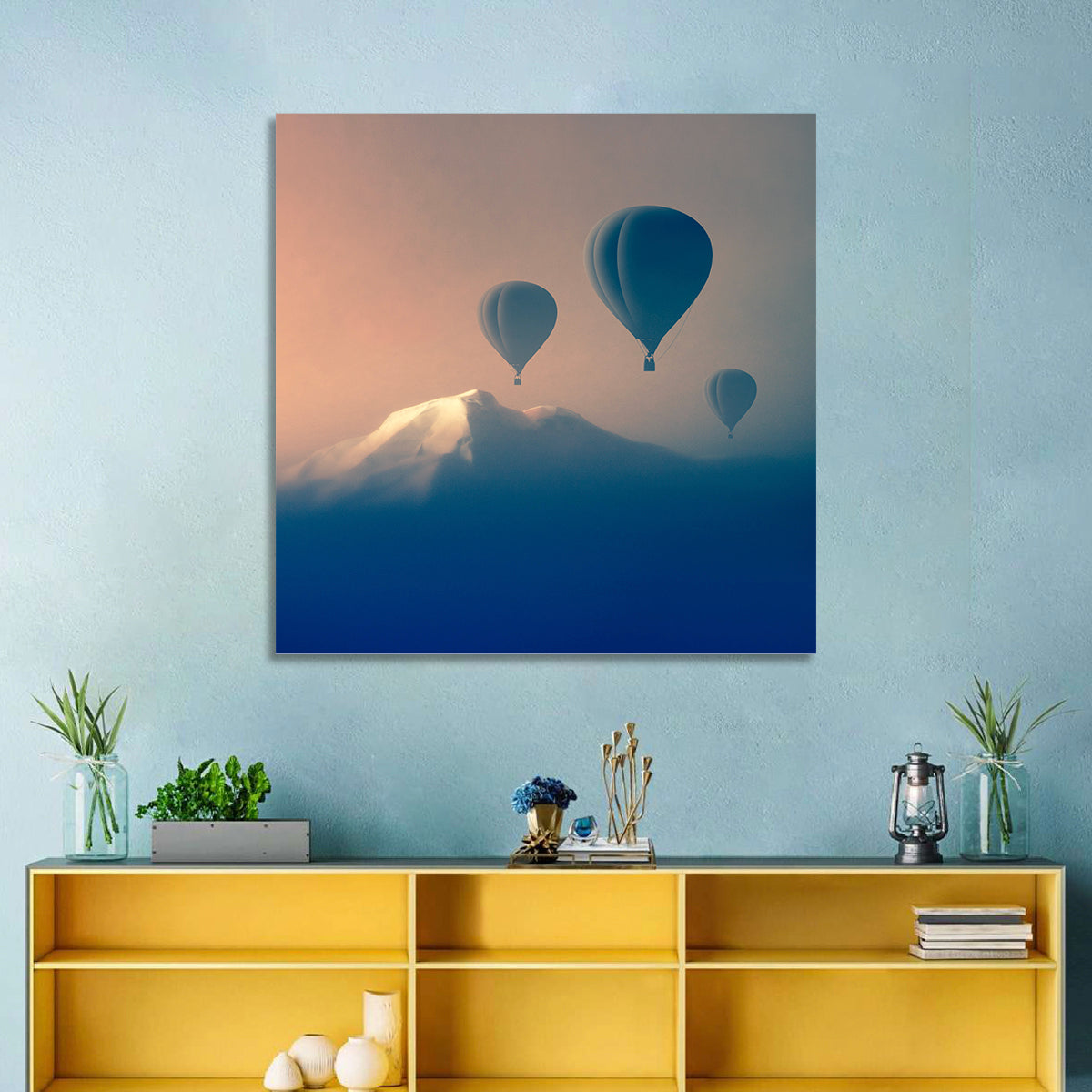 Three Hot Air Balloons Over Misty Peak Wall Art