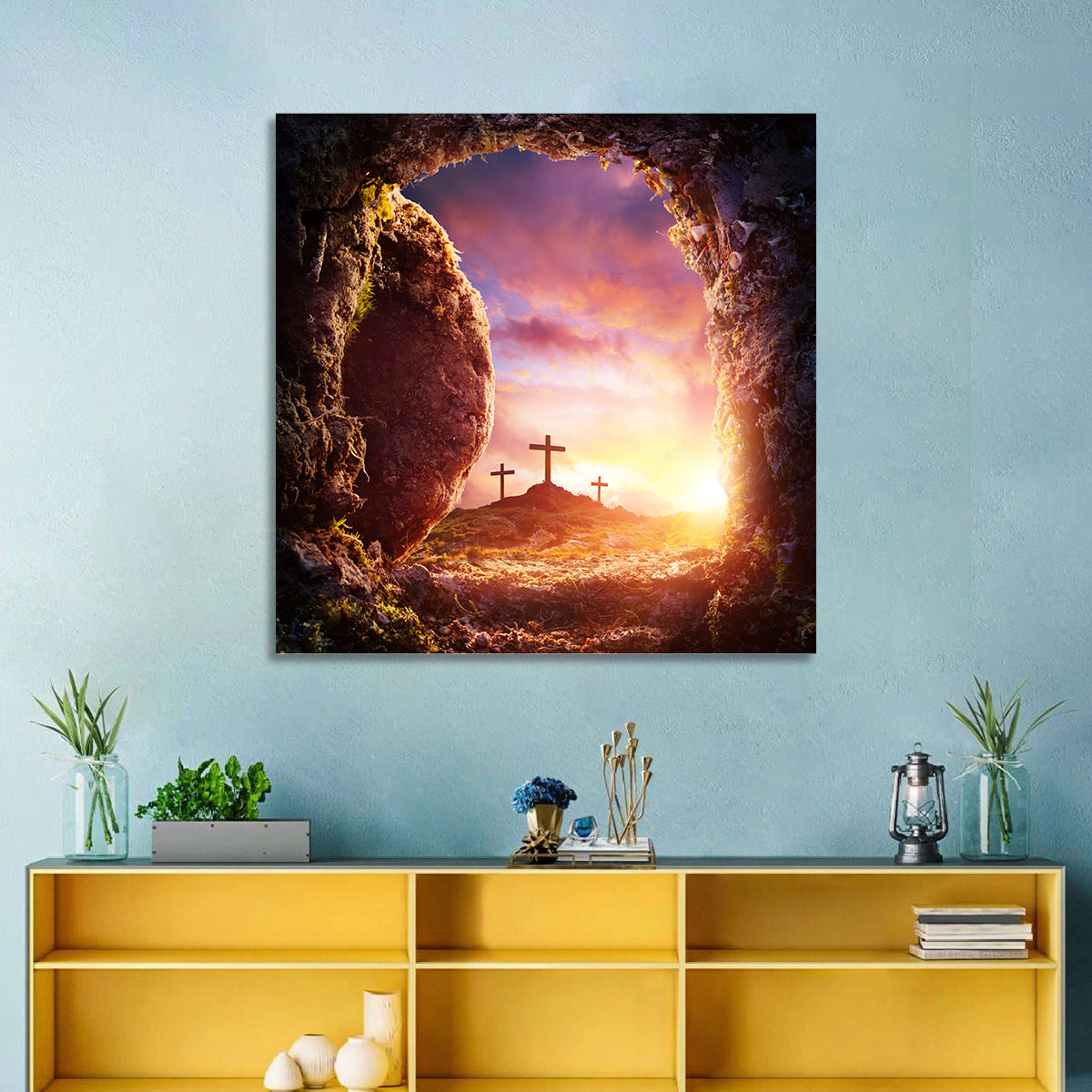 Three Crosses at Sunrise Wall Art in a room, square